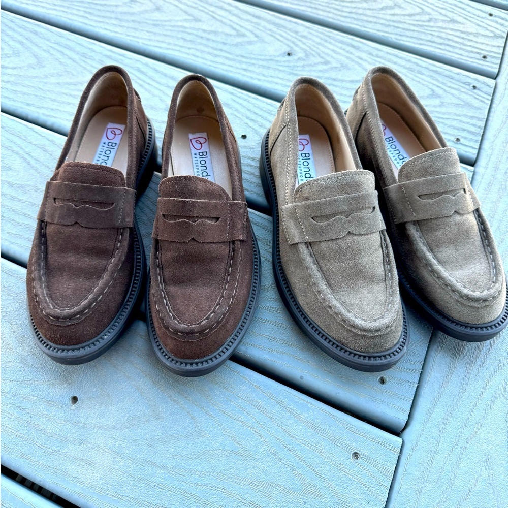 Blondo Suede Penny Loafers in Brown and Taupe